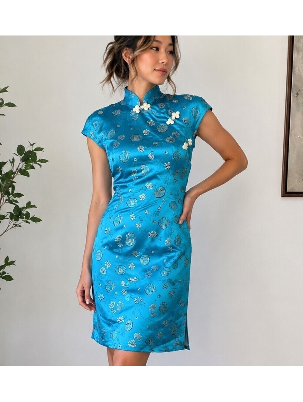 Vintage Blue Asian Inspired Cheongsam Qipao Dress XS Satin Brocade Mandarin